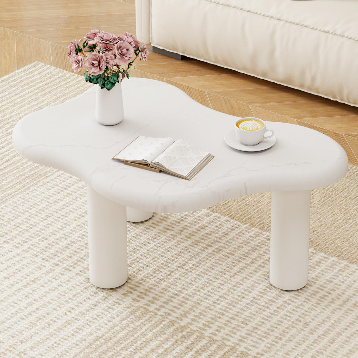 COUCHTISCH aus Spanplatte in Weiß & Marmoroptik mit abgerundeten Kanten - Weiß, Holzwerkstoff (90/62.5/40cm) - Modfu