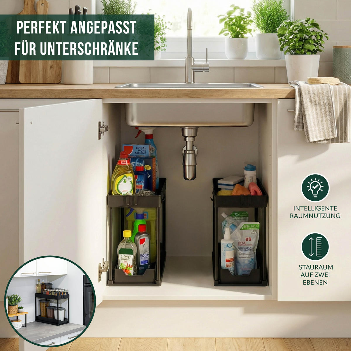 SPÜLSCHRANK-ORGANIZER 2er Set, aus Kunststoff und Metall, schwarz - Schwarz, Kunststoff (20/34/37.5cm) - eluno