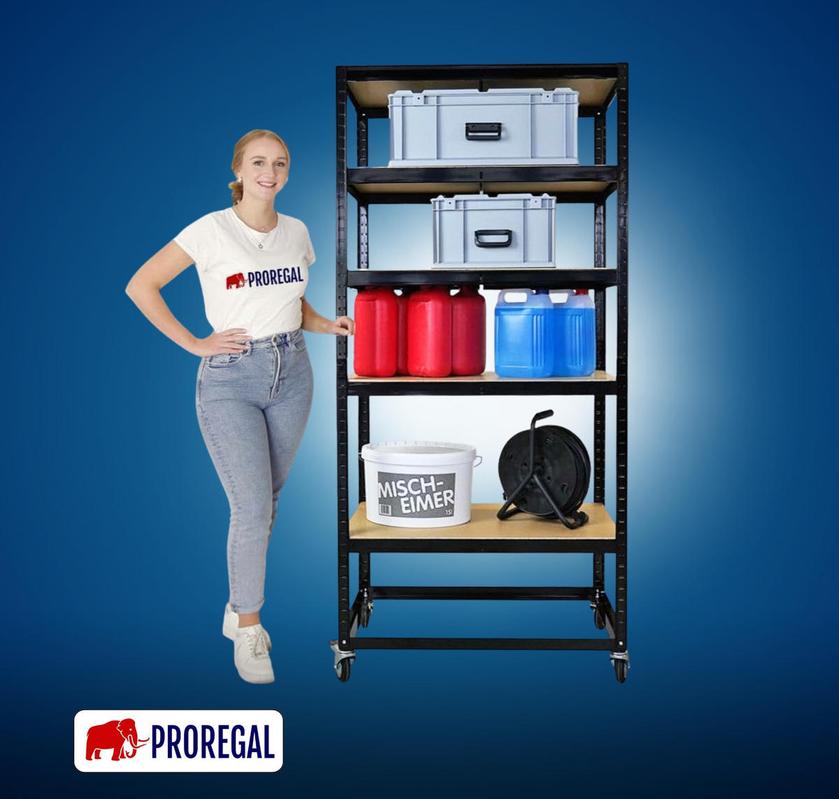 KOMMISSIONIERWAGEN 2er Set BÜFFEL 190x90x50cm 5 Ebenen Fachlast 50kg 2X Lenkrollen & 2X Lenkrollen mit Feststellbremse Schwarz - Schwarz, Metall (180/190/50cm) - PROREGAL