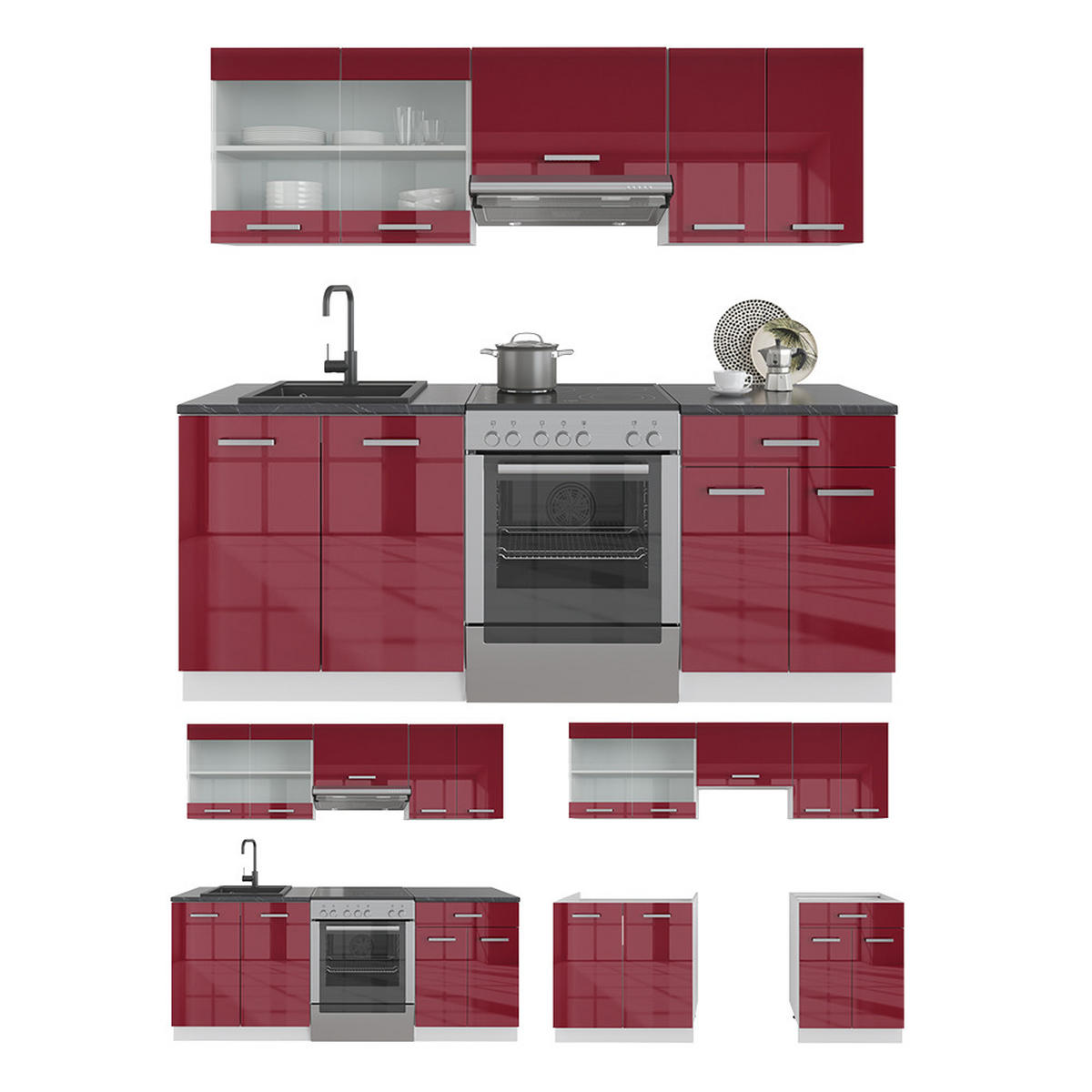 KÜCHENZEILE R-Line Bordeaux Hochglanz/Weiß 200 cm, AP Eiche - Bordeaux/Weiß, Holzwerkstoff (200/81.6/60cm) - Vicco