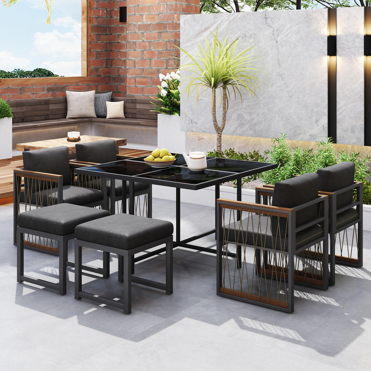 GARTENSET 7 tlg Glas Tisch 6 Personen - Schwarz, Metall - LEBENLANG