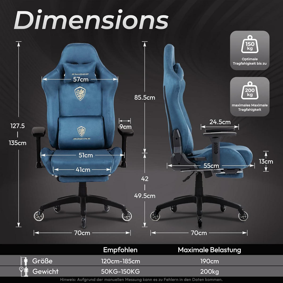 GAMING-STUHL Mikrofaser-Velours Verstellbarer Bürostuhl mit Fußstütze - Blau, Leder (70/128/70cm)