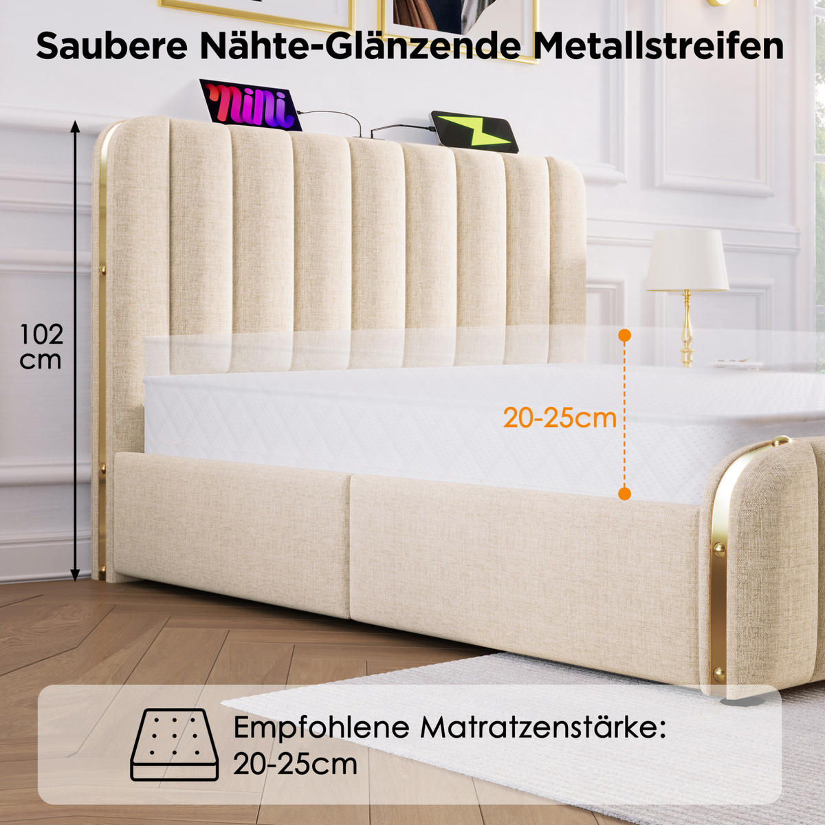 POLSTERBETT mit Bettkasten 180/200 cm in Beige mit USB-C und gepolstertem Kopfteil - Beige, Textil (180/200cm) - BEAOK