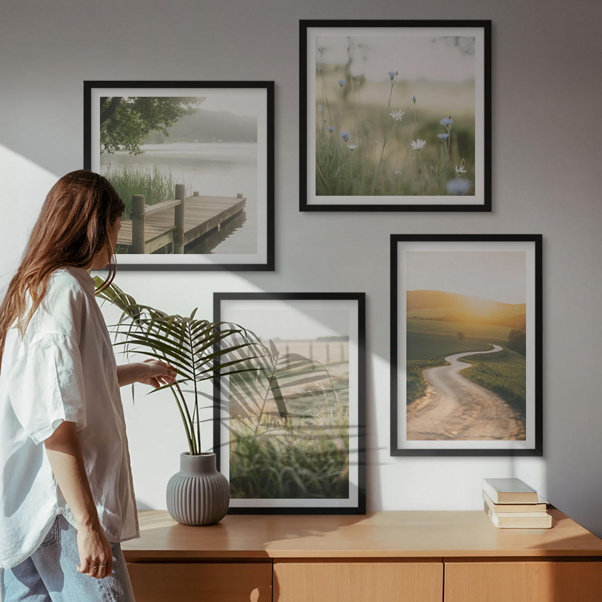 WANDBILDER 4er-Set - 50x50 cm & 40x60 cm Schwarzer Rahmen - Landschaftswiesenstraße West - Schwarz, Kunststoff (50/50cm) - ArtPrintCave