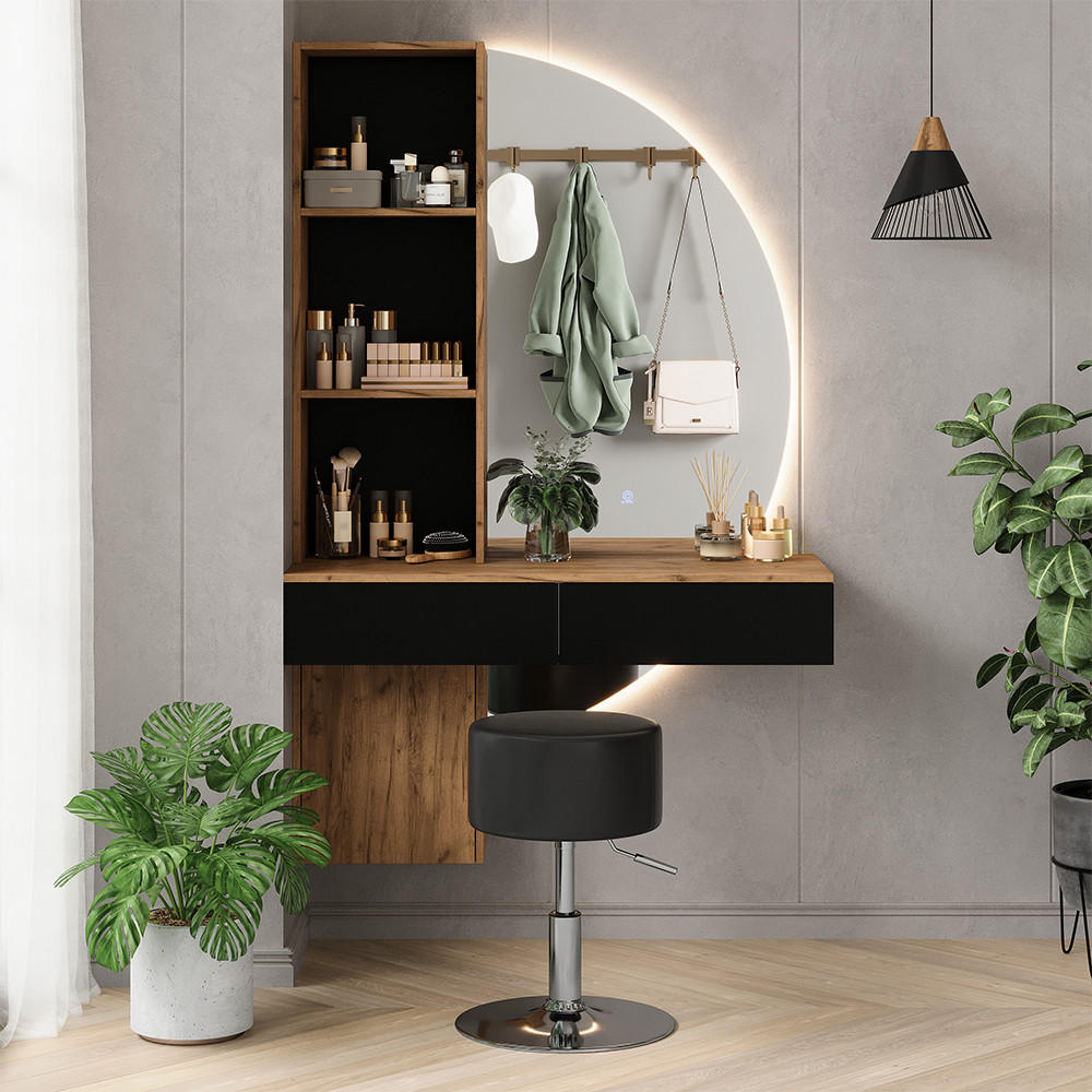 Vicco TOALETNÍ STOLEK Melora, Dub/Černá, 100 cm se zrcadlem LED a stoličkou