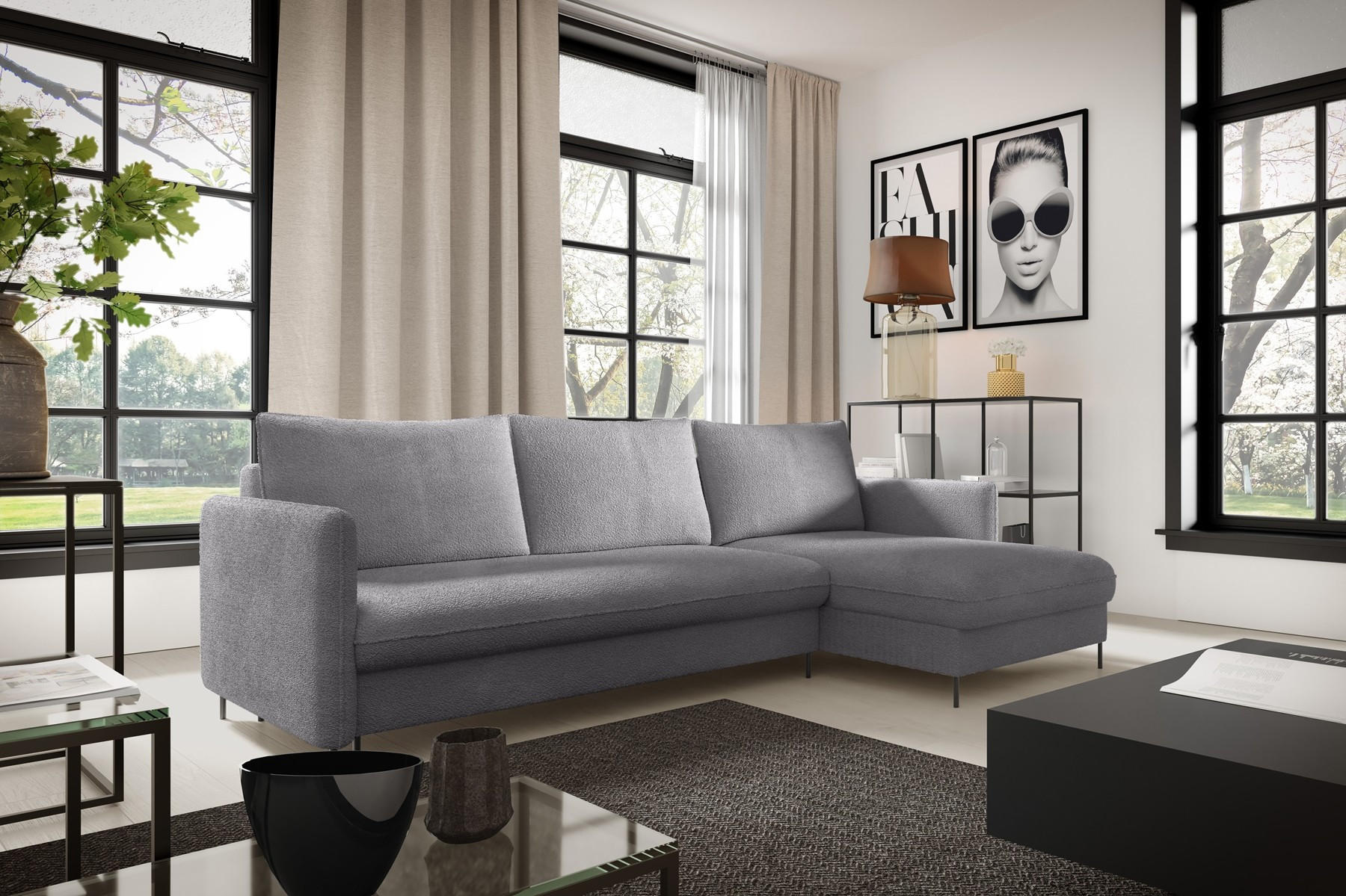 ECKSOFA Belis Boucle in Grau, Schlafsofa - Grau, Holzwerkstoff/Textil (216/165cm) - Bettso