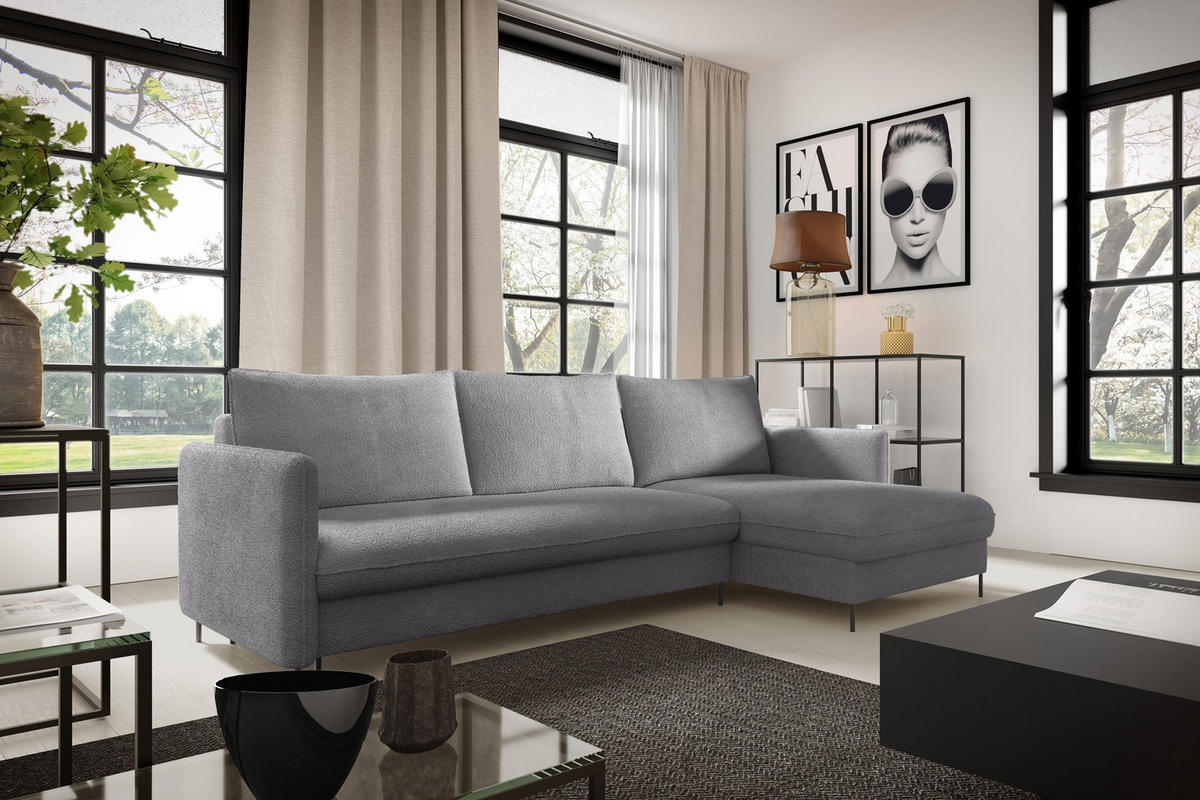 ECKSOFA Belis Boucle in Grau, Schlafsofa - Grau, Holzwerkstoff/Textil (216/165cm) - Bettso