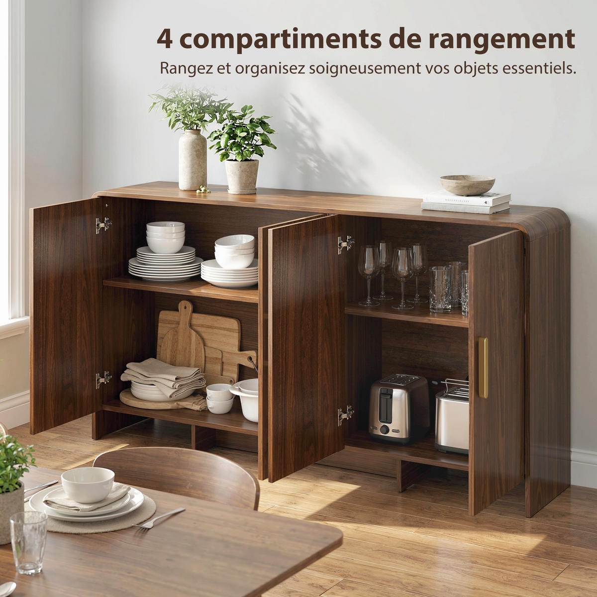 SIDEBOARD DE-11330 4 Soft-Close Türen, 4 Fächer Nussbaum - Walnussfarben, Holzwerkstoff (152/80/40cm) - ComfortXL