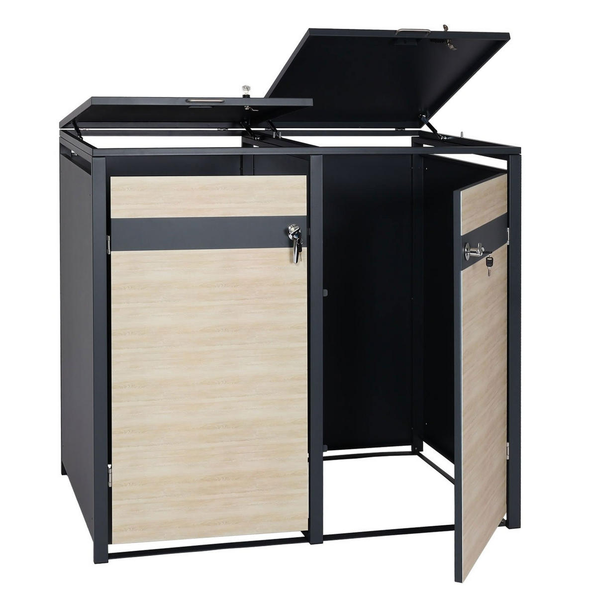 MÜLLTONNENBOX 2er 117x132x80cm Anthrazit Buche-Holzoptik Hellbraun - Hellbraun, Metall (132/117/80cm) - PROREGAL