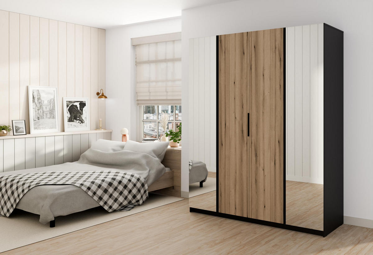 KLEIDERSCHRANK Nehir Schwarz/Eiche Evoke 200 cm - 4T Modern mit 2 Spiegeln außen - Eichefarben/Schwarz, Holzwerkstoff/Kunststoff (200/239/61.9cm) - AX Living