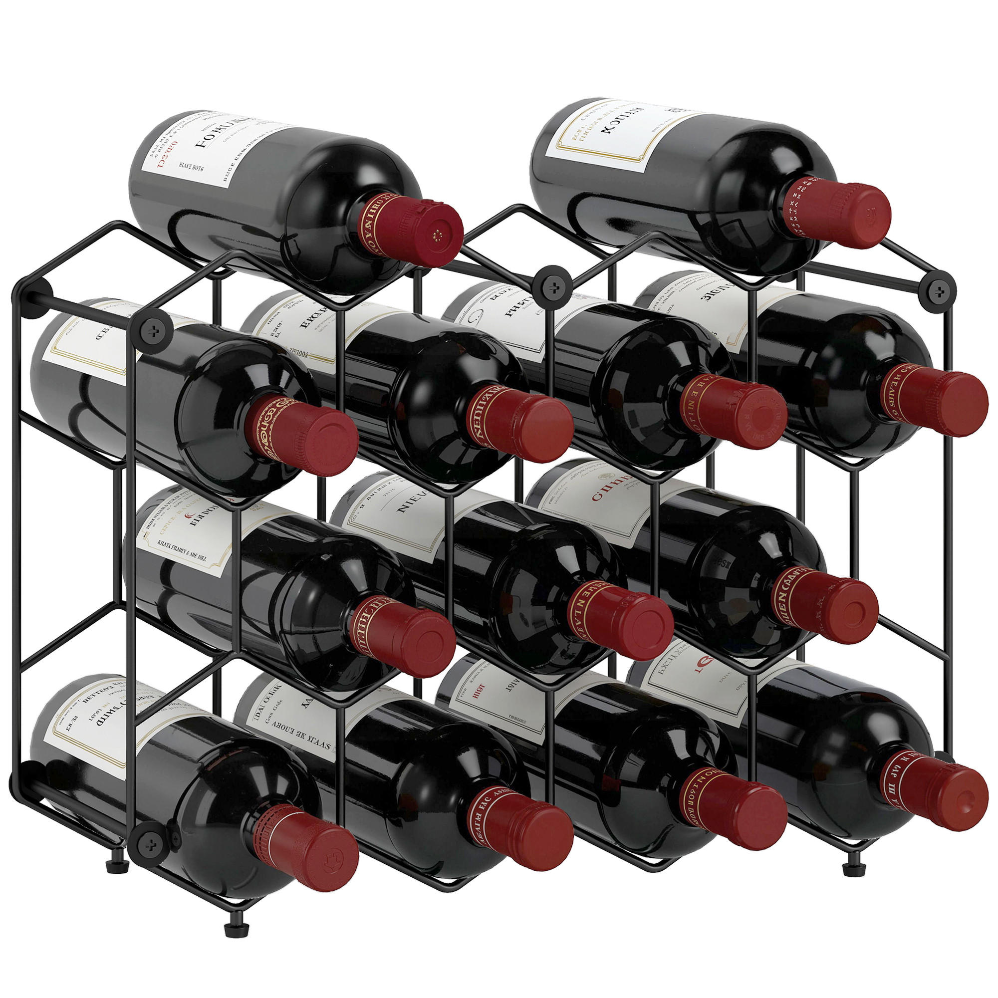 WEINREGAL, Wabendesign, Metall, Kippschutz, 13 Flaschen, schwarz, 43x15,5x31cm - Multicolor, Metall (43/31/15.5cm) - FORIOUS