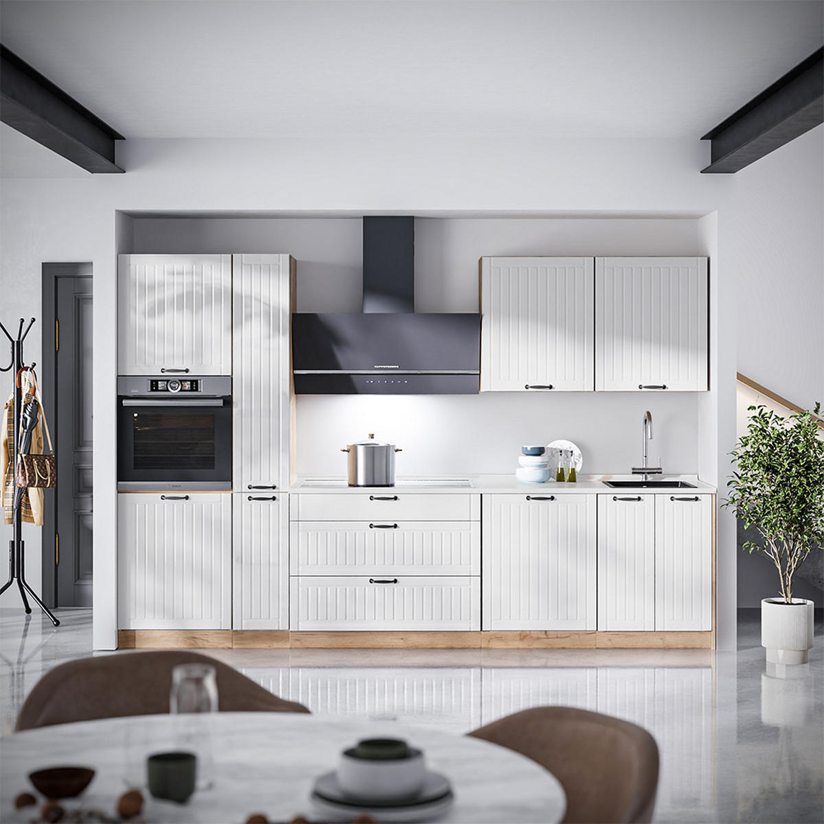 KUCHYNKA Fame-Line, Biely vidiecky dom/Dub Goldkraft, 310 cm, AP Marble - biela/dub medový, kompozitné drevo (310/206.8/60cm) - Vicco