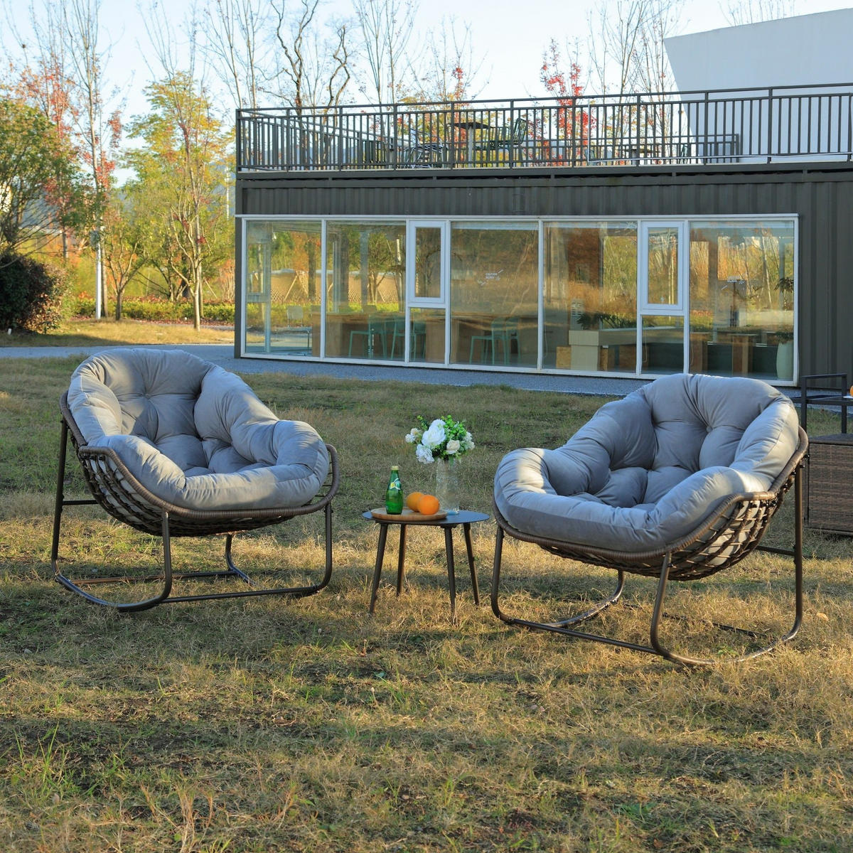 SCHAUKELSTUHL Schaukelsessel,Rattanstuhl mit Stahlrahmen,Grau-Fleece - Grau, Metall (94.5/80/111cm) - LVHOM