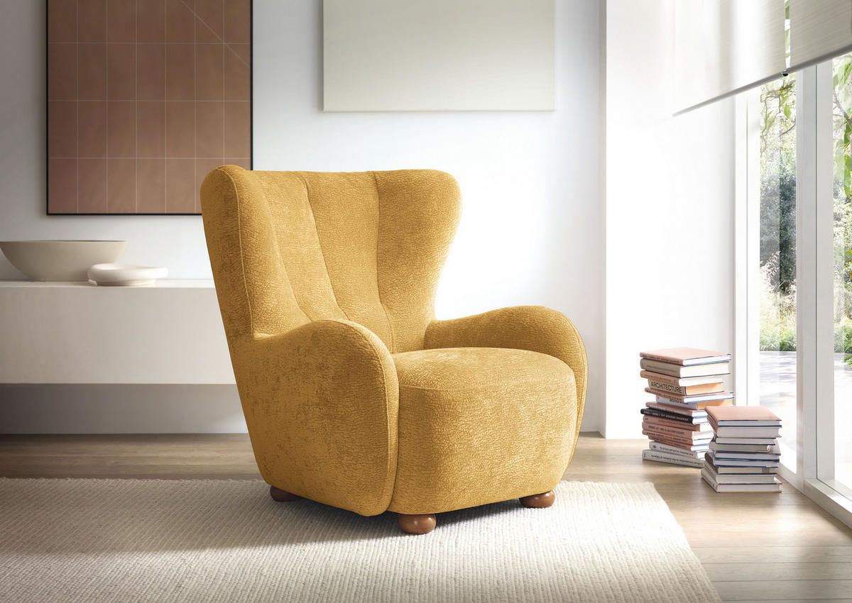 SESSEL MIST, Polstersessel Klassisch Loungesessel, Chenille-Stoff Gelb - Gelb, Holz/Holzwerkstoff (88/91/100cm) - MASSENO