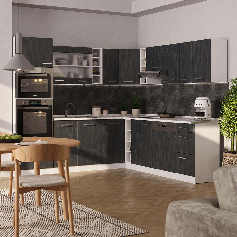 ECKKÜCHE IN L-FORM R-Line Schwarz Beton/Weiß 237 x 247 cm AP Marmor - Schwarz/Weiß, Holzwerkstoff (247/81.6/60cm) - Vicco