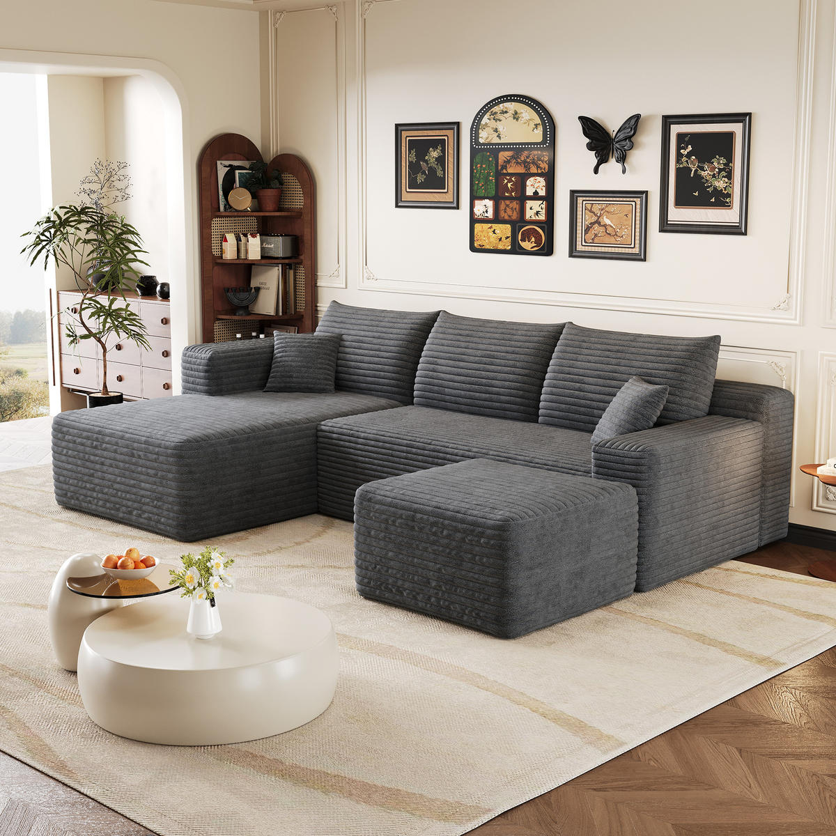 WOHNLANDSCHAFT Cord Dunkelgrau ohne Montage - Grau, Textil (241/58/151cm) - WISHDOR
