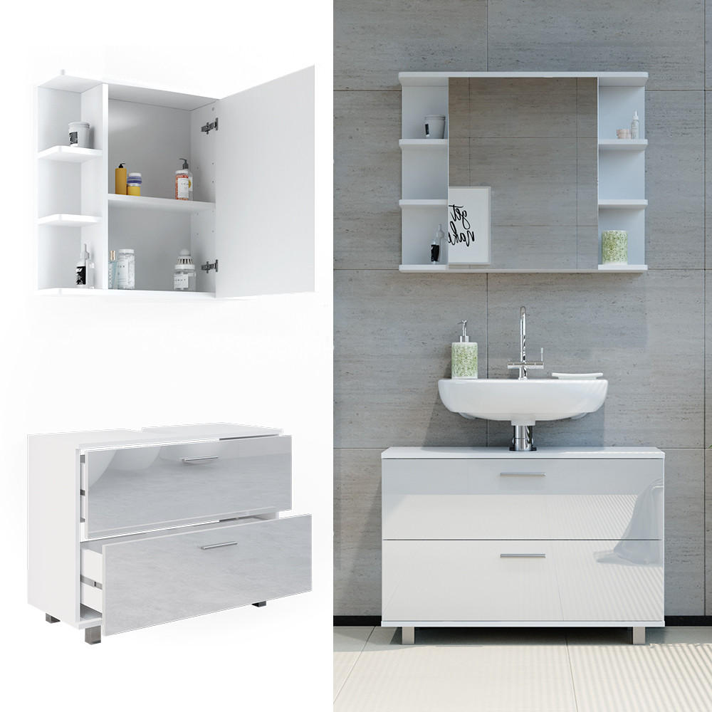 BADMÖBEL-SET Ilias Weiß Hochglanz 2 Teile, Unterschrank 80 cm - Weiß Hochglanz, Holzwerkstoff (80.2/60.8/33cm) - Vicco