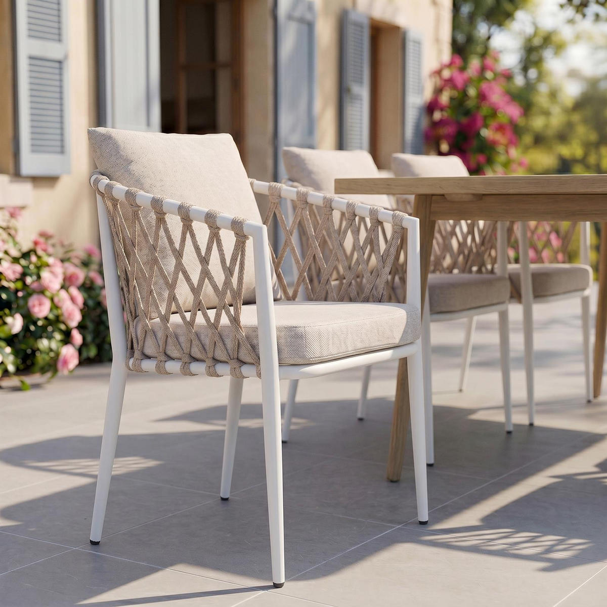 GARTENSTÜHLE SUNNY 6er-Set weiß, champagne - Weiß, Textil/Metall (56/75/62cm) - IDIMEX