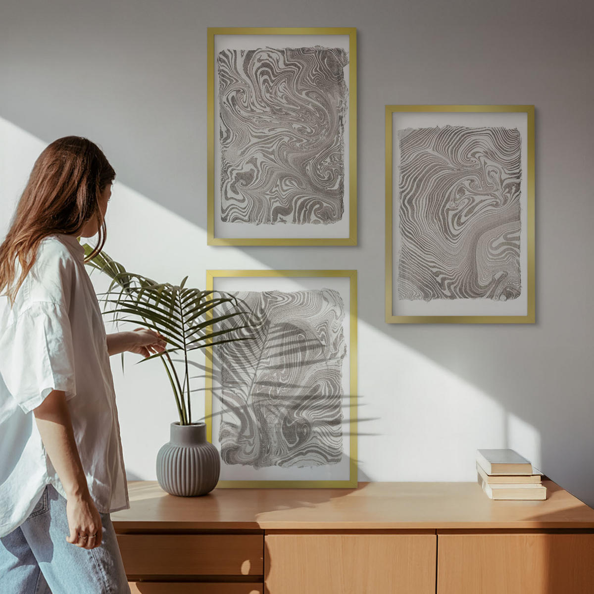 BILDER SET 3er Set - 40x60 cm Goldrahmen - Moderne Formen Malerei - Goldfarben, Kunststoff (40/60cm) - TULUP