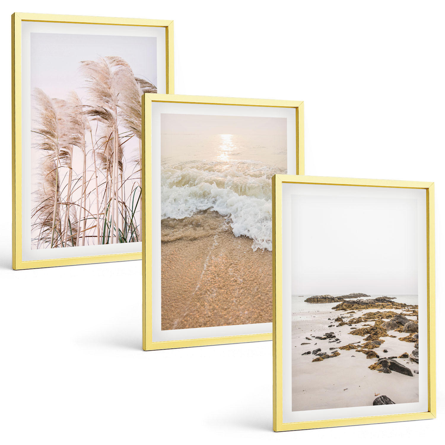 BILDER SET 3er Set - 40x60 cm Goldrahmen - Strandgras, Wellen, Steine, Boho-Stil - Goldfarben, Kunststoff (40/60cm) - TULUP