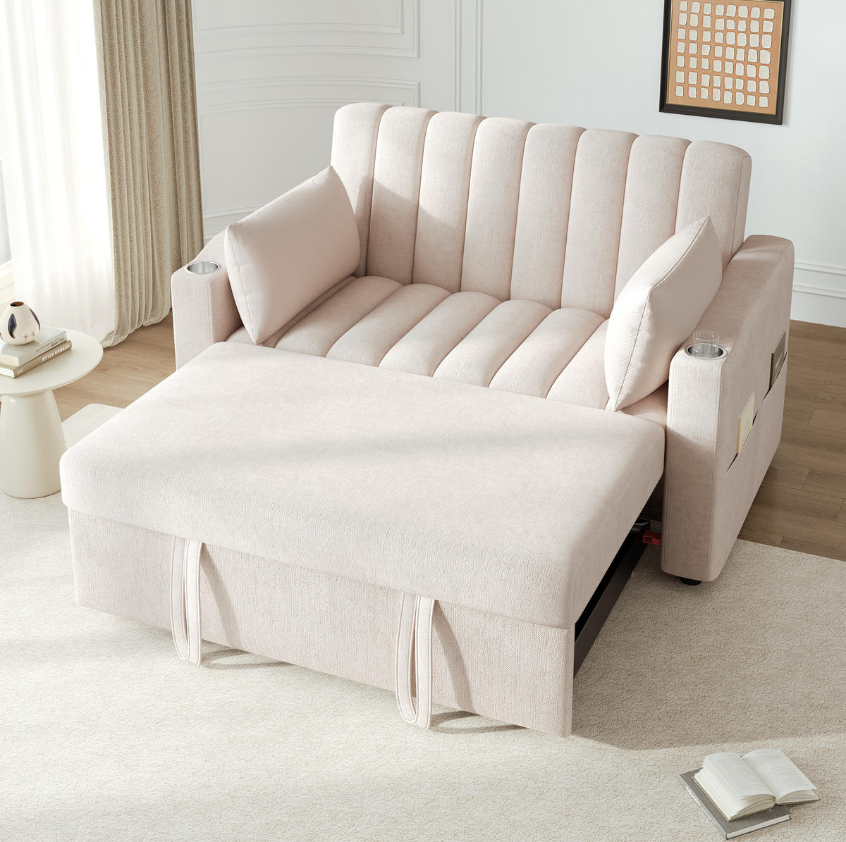 SCHLAFSOFA Baumwollstoff mit 3-fach verstellbarer Rückenlehne Beige 136/162/84 cm - Beige, Textil (84/136/162cm) - Redom