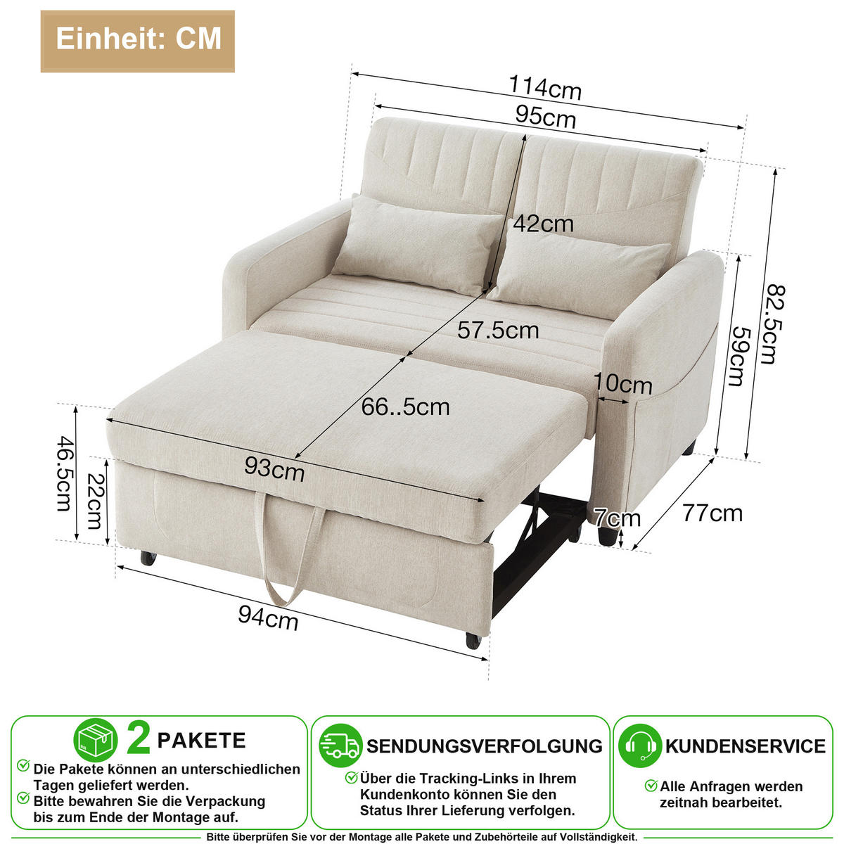 SCHLAFSOFA in Beige aus Baumwoll-Leinen-Stoff mit 3-fach verstellbarer Rückenlehne - Beige/Schwarz, Holzwerkstoff/Kunststoff (114/82.5/77cm) - CHICFURN