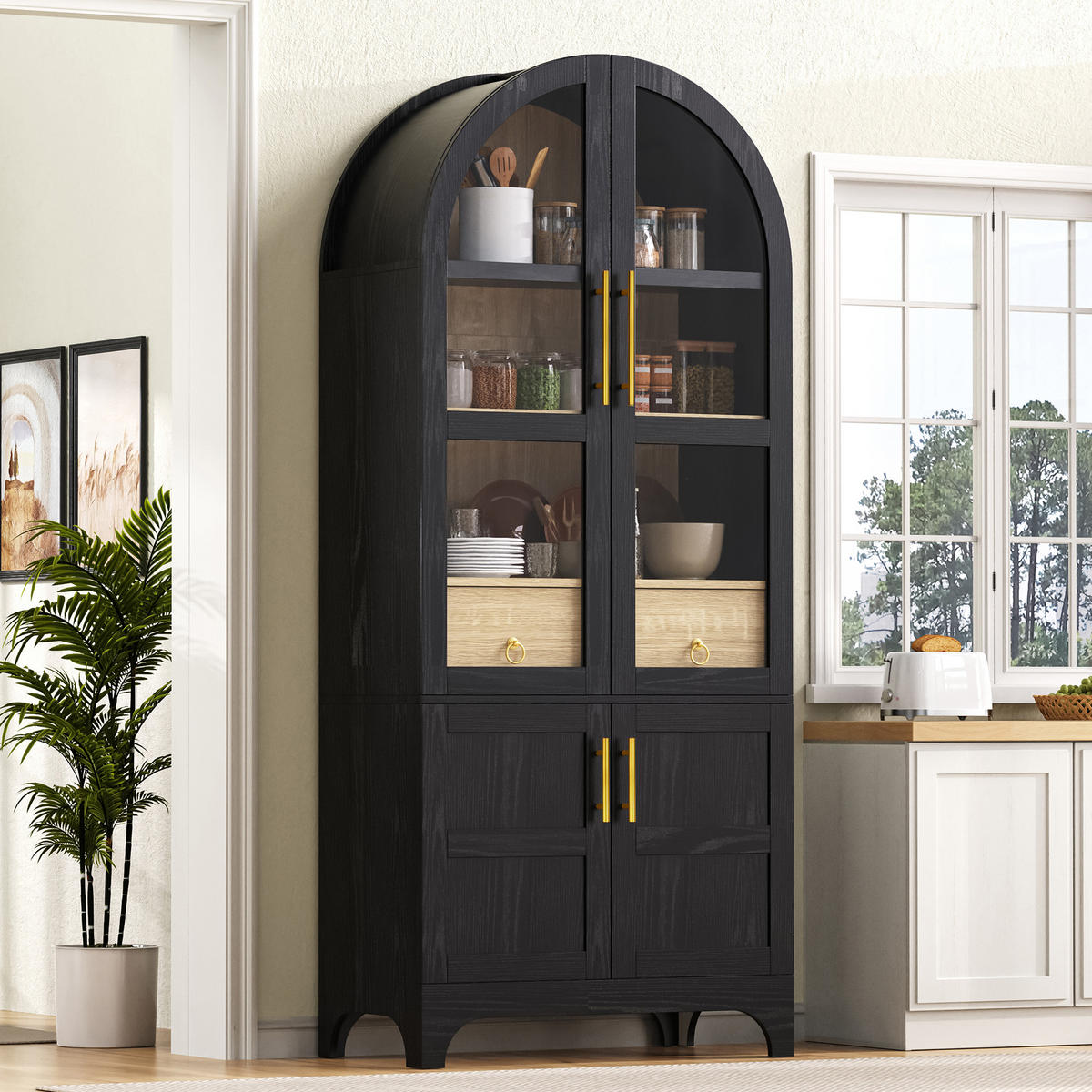 HIGHBOARD mit Riffelglas & Schubladen 180cm - Schwarz, Holzwerkstoff (76/180/40cm) - Urban Meuble