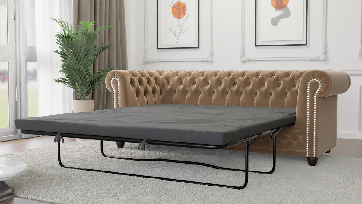 CHESTERFIELD-SOFA 3-Sitzer mit Schlaffunktion Nyx Beige Samt - Beige/Braun, Holz/Textil (203/28/86cm) - S-Style Möbel