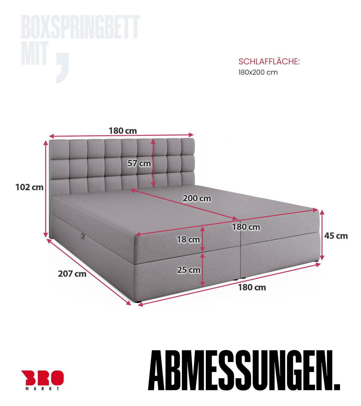 BOXBETT Dakota mit Topper 180/200 Grau - Grau, Textil (180/200cm) - Bromarkt