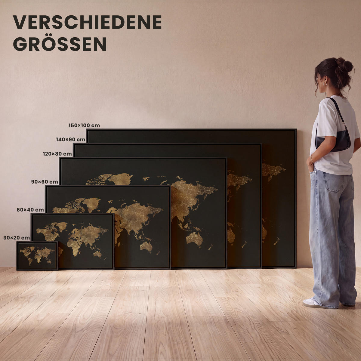 LEINWAND Bilder mit Rahmen - Weltkarte - Gold - Luxus - Erde - Schwarz - 120x80 - Goldfarben, Textil (120/80cm) - MuchoWow
