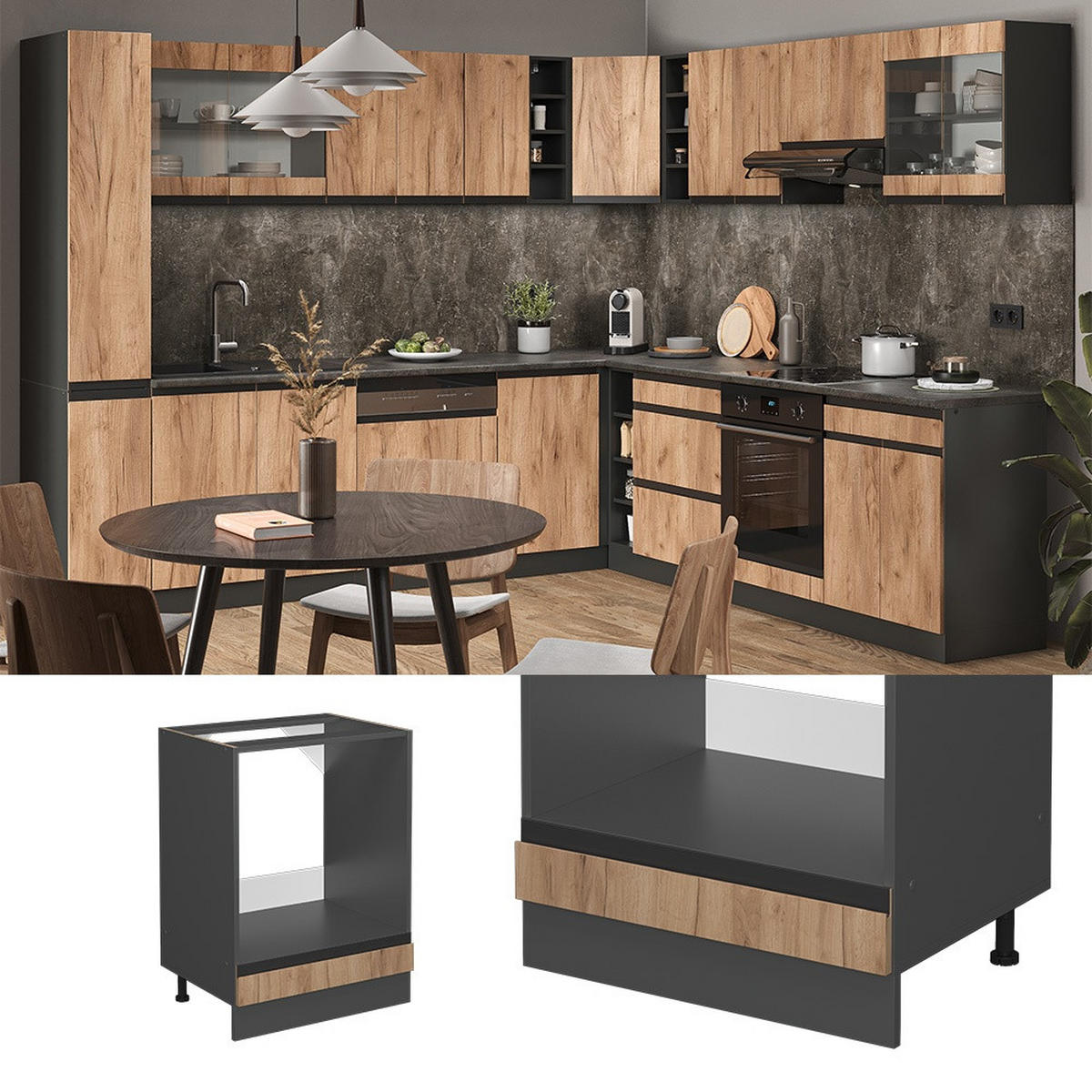 HERDUMBAUSCHRANK R-Line Goldkraft Eiche 60 cm J-Shape AP Marmor - Honigeiche/Anthrazit, Holzwerkstoff (60/81.6/60cm) - Vicco
