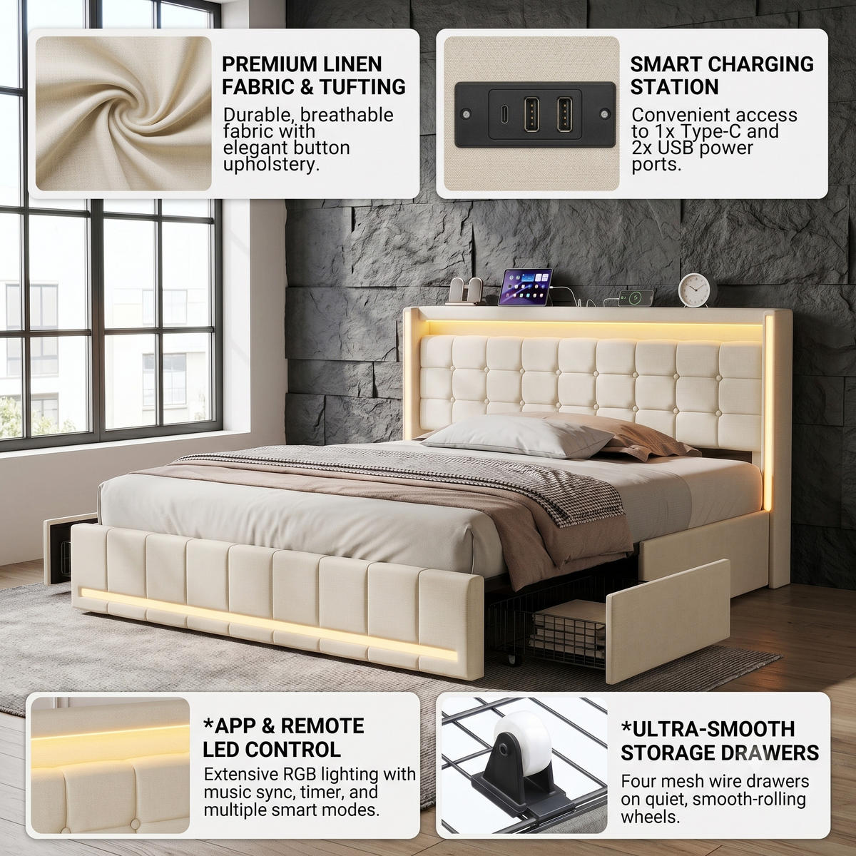 POLSTERBETT Geometrisch 180/200 cm mit 4 Schubladen & App-LED Leinenoptik Beige - Beige, Textil (180/200cm) - Creahappy