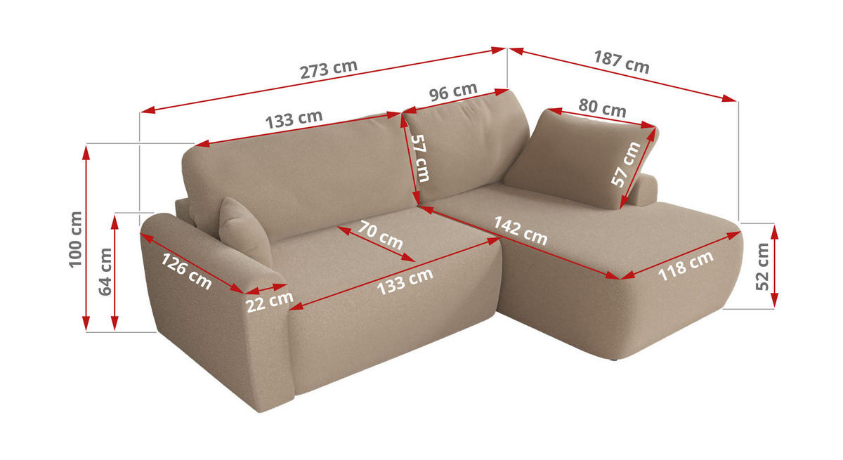 ECKSCHLAFSOFA CUBO L Hellbraun Boucle - rechts - Schwarz/Braun, Kunststoff/Textil (187/273cm) - MKS