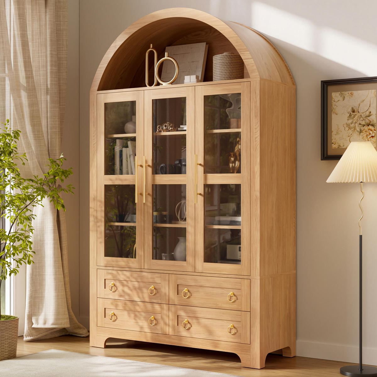 SIDEBOARD WOHNZIMMERSCHRANK Rundbogen 3 Glastüren 4 Schubladen - Naturfarben, Holzwerkstoff (110/185/40cm) - Urban Meuble