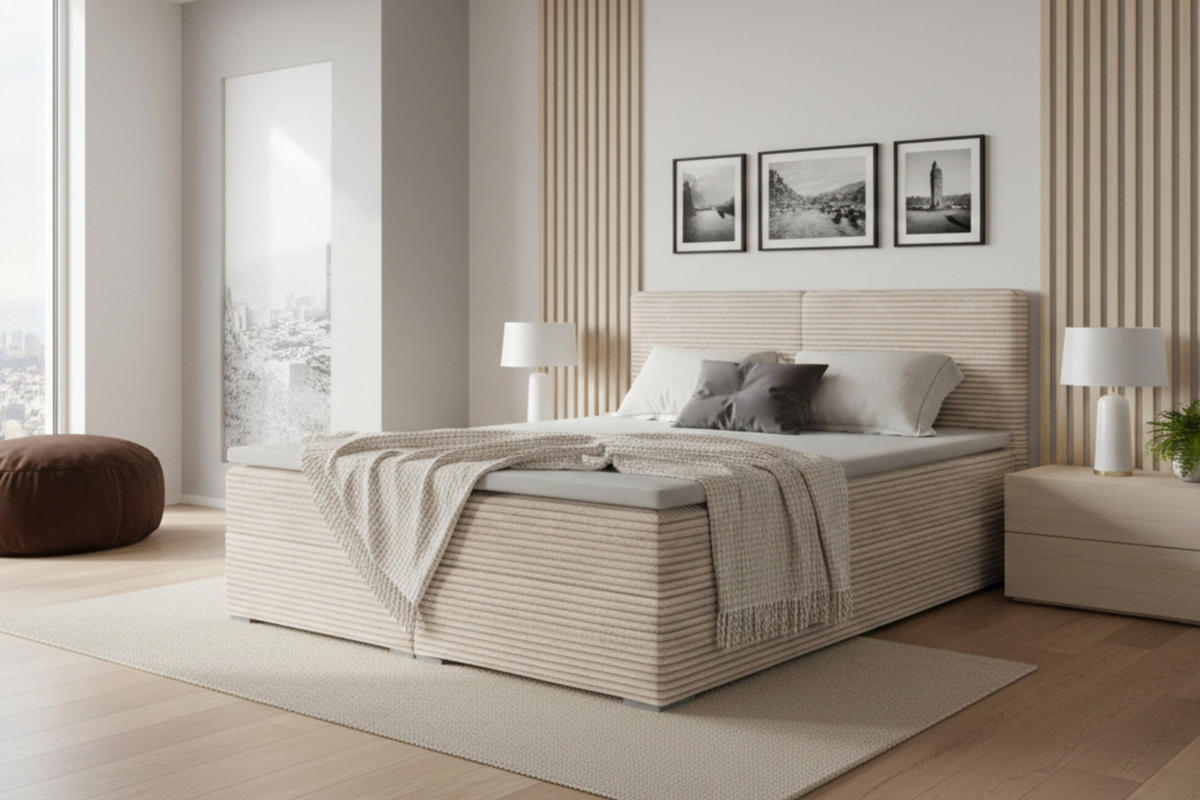 BOXBETT LON III 160/200 in Cord Ecru H4 - Ecru, Holz/Holzwerkstoff (160/200cm) - Deine Möbel 24