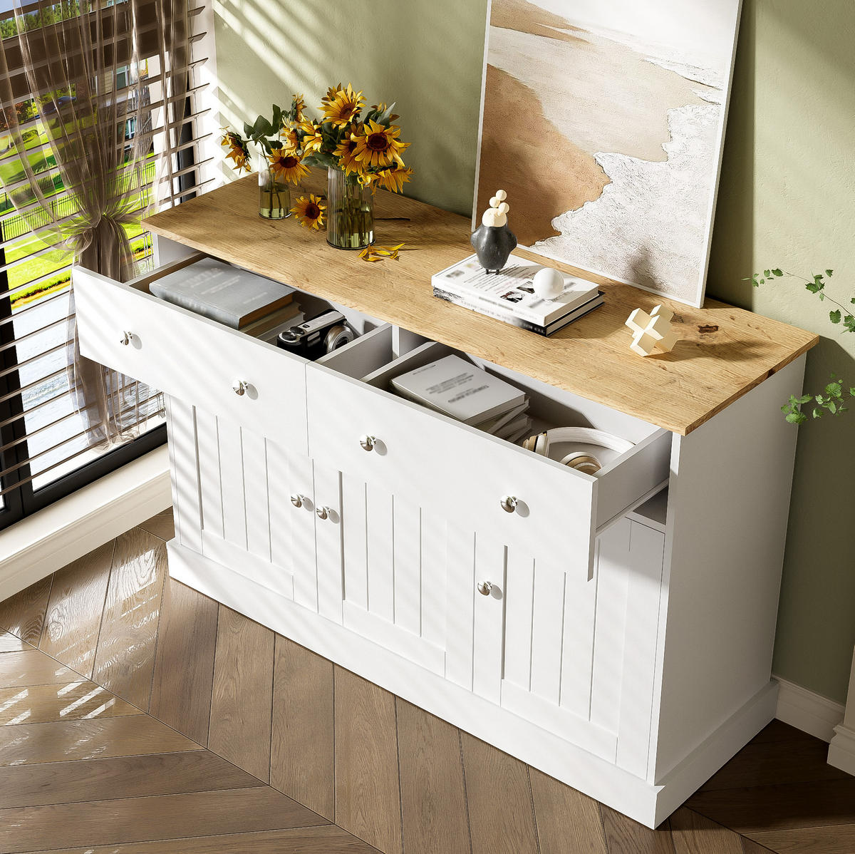 SIDEBOARD mit 3 Türen und 2 Schubladen, geprägte Front, 120/36/80,5 cm, Weiß und Holzoptik - Weiß, Holzwerkstoff (10/80.5/36cm) - Redom