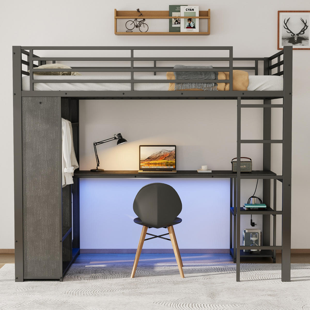 HOCHBETT 90/200 cm Schwarz mit LED-Lichtleiste, Schreibtisch und Offener Kleiderschrank - Schwarz, Metall (90/200cm) - Oxeza