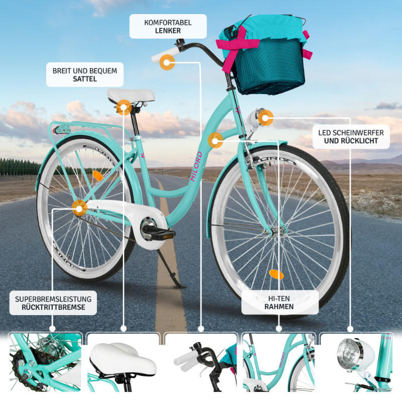 CITY-FAHRRAD Milord mit Metallkorb, 28 Zoll, Blau, 1-Gang - Blau, Metall (46cm) - Milordbikes