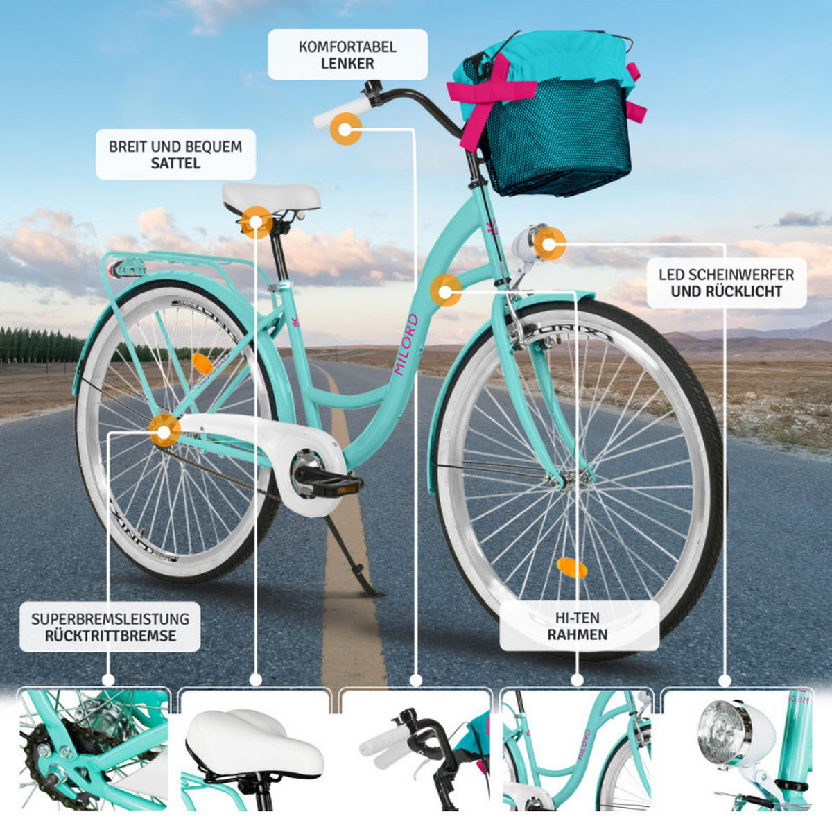 CITY-FAHRRAD Milord mit Metallkorb, 28 Zoll, Blau, 1-Gang - Blau, Metall (46cm) - Milordbikes