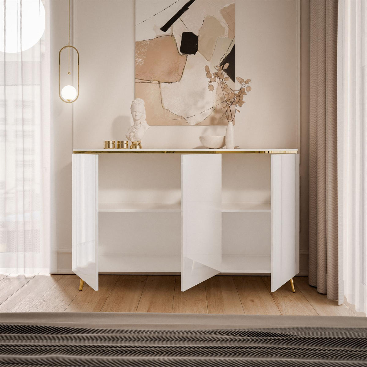 KOMMODE AURORA 3D Weiß / Weiß hochglanz mit schräge Goldchrom Fuße - Weiß Hochglanz/Goldfarben, Holzwerkstoff/Metall (140/90/40cm) - Lookway