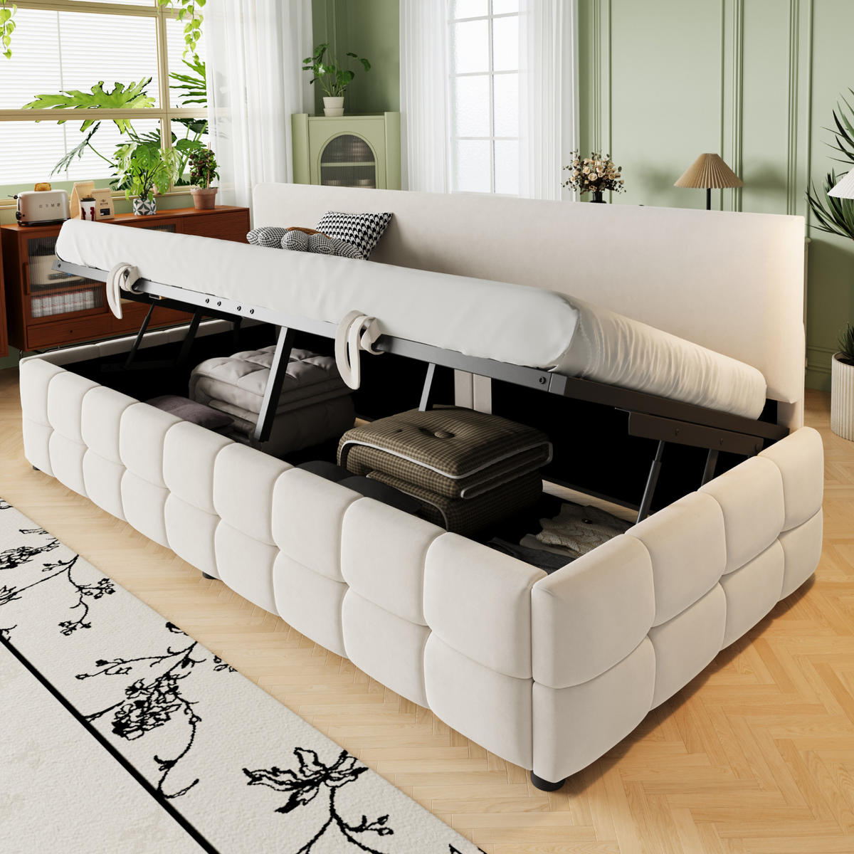 POLSTERBETT 90/200 cm Beige mit hydraulischem Stauraum und klassischem Karomuster - Beige, Textil (90/200cm) - OKWISH