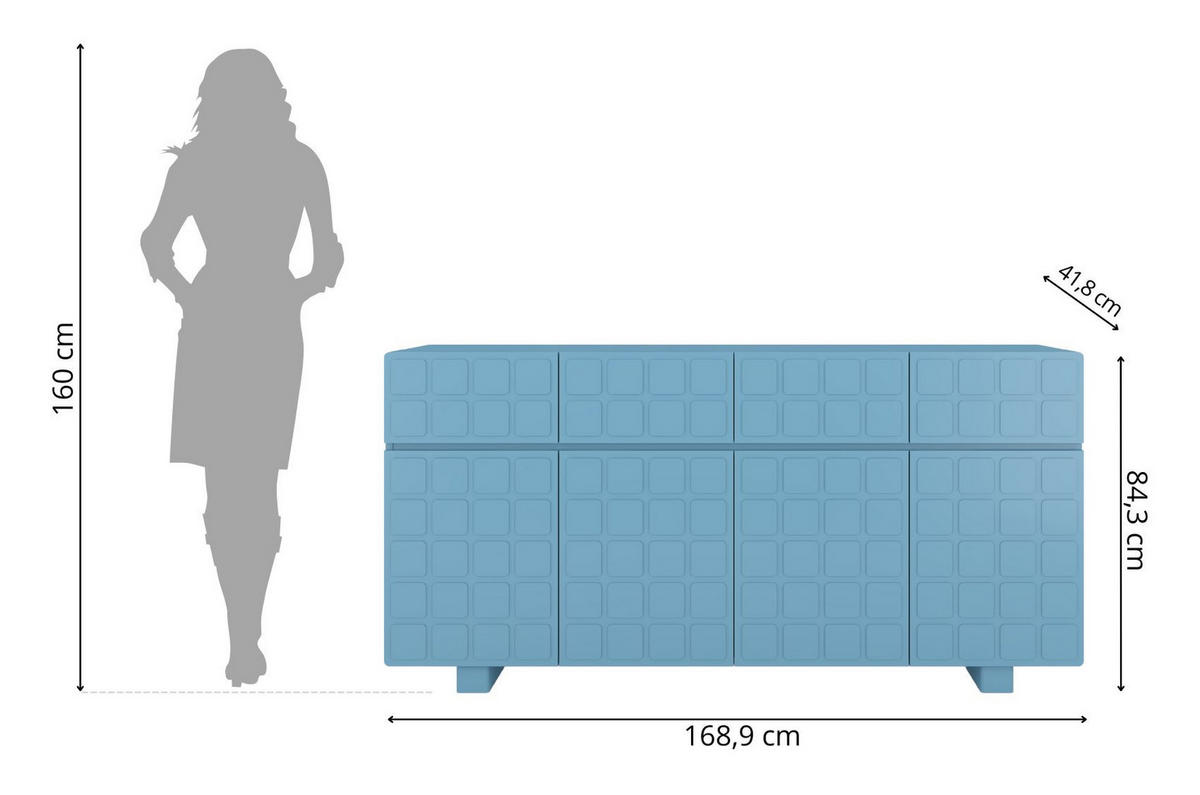 SIDEBOARD Cubo Long, Geometrische 3D Fronten, 169 cm, Blau - Pastellblau, Holz/Holzwerkstoff (168.9/83.8/41.8cm) - Skandica