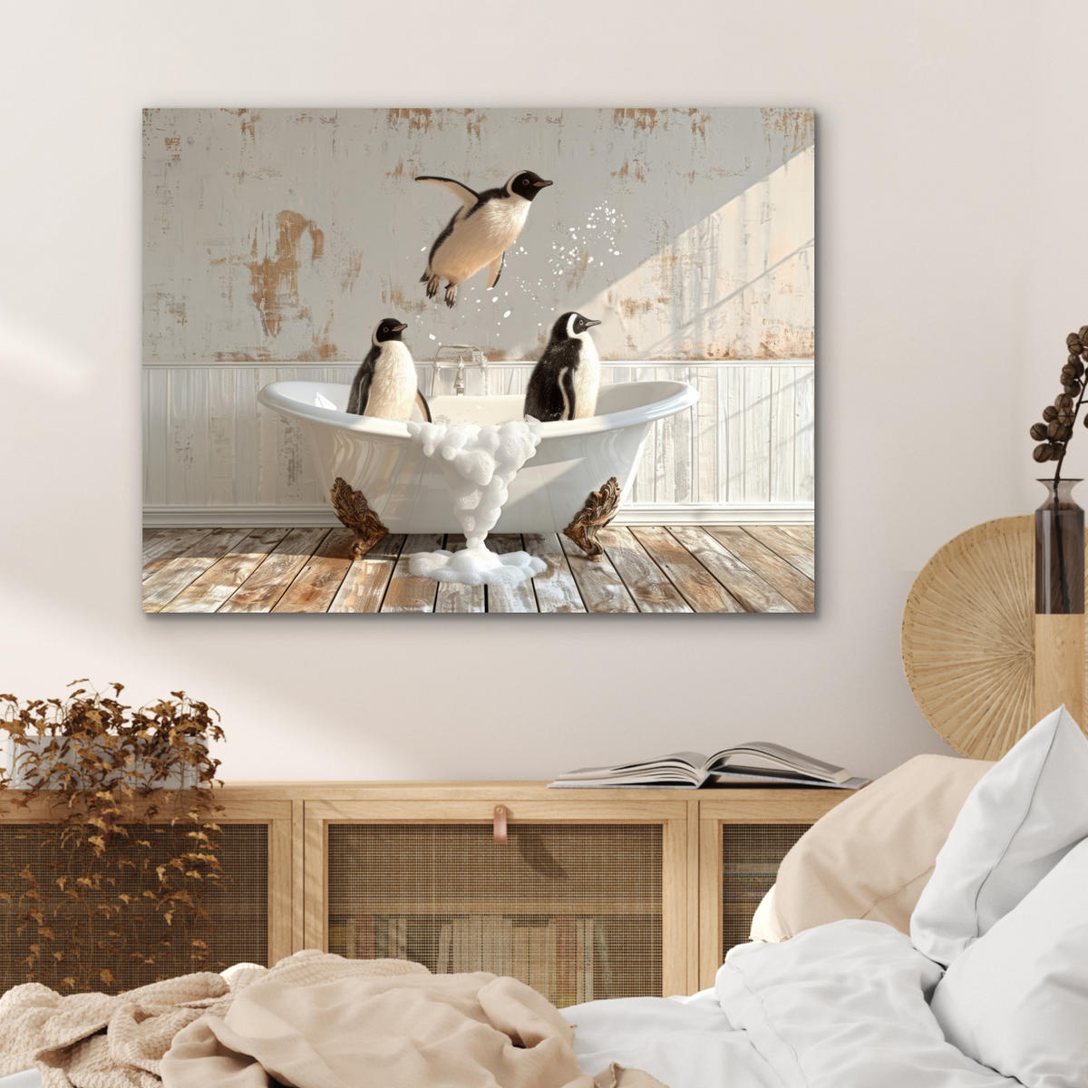 KOVOVÝ OBRAZ Vintage - Tučniak - Vaňa - Pena 80x60 cm - čierna, kov (80/60cm) - MuchoWow