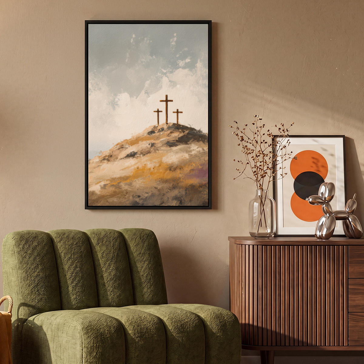 LEINWAND Bilder mit Rahmen - Hügel - Abstrakt - Christentum - Kreuz - 60x90 - Hellgrau, Textil (60/90cm) - MuchoWow