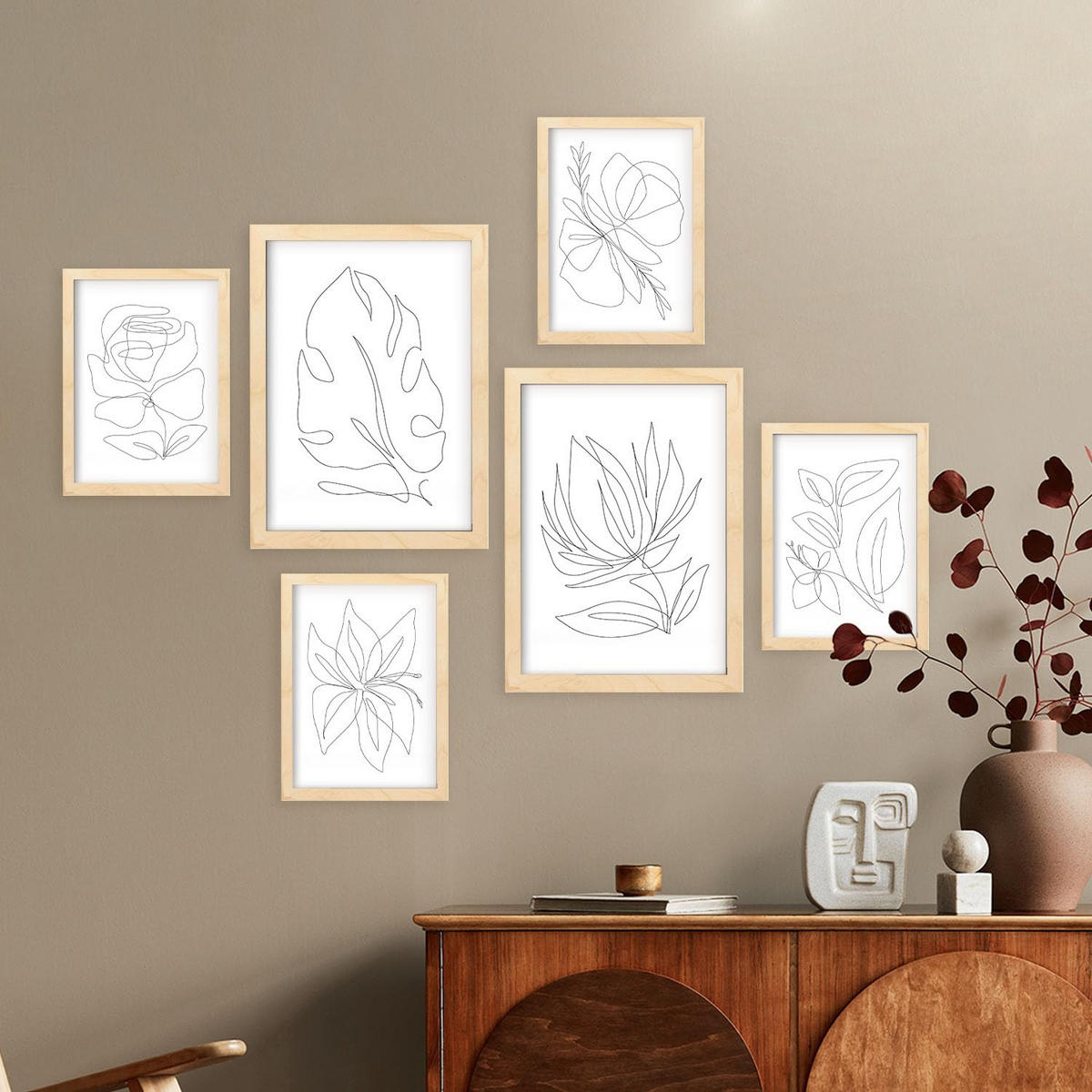 POSTER Set Mit 6 Fairer Fiore In Blume Zusammenfassung Ästhetische Dekorative Gemälde Für Ihr Wohnzimmer Zuhause A3 & A4 Rahmen Aus Hellem Holz - Beige, Papier (29/3cm) - Nacnic