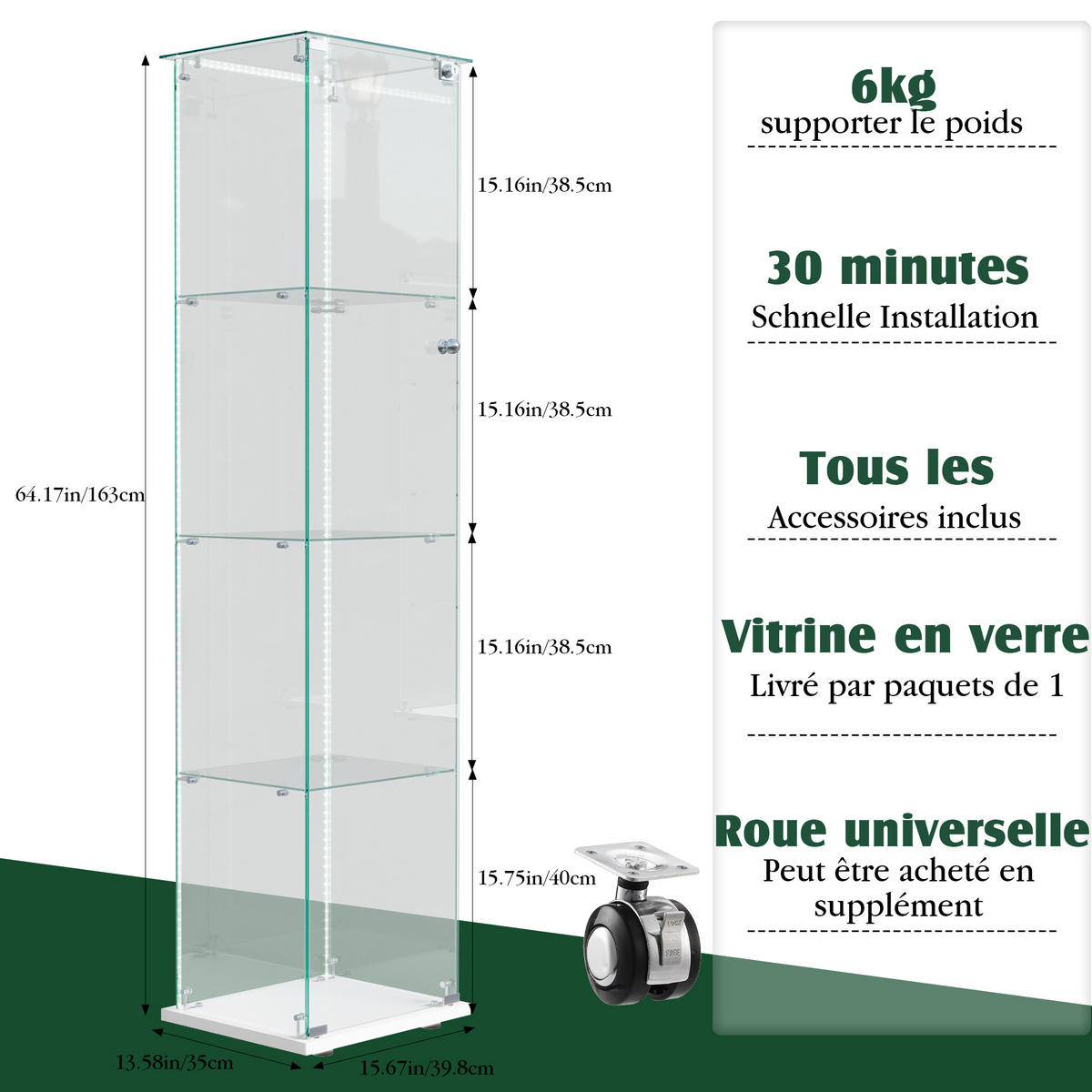 GLASVITRINE 163x40x35 cm Türen Schloss Regalböden LED Bar weiß - Weiß, Holz (39.8/163/35cm) - LEBENLANG