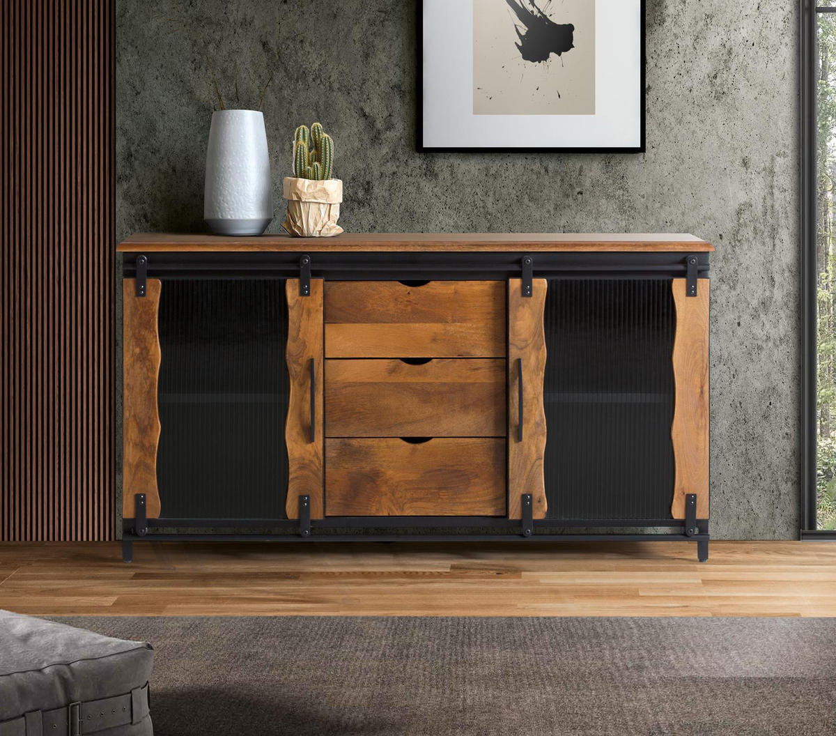 SIDEBOARD aus Mangoholz und schwarzem Metall - Schwarz, Holz (40/80/150cm) - Giner y Colomer