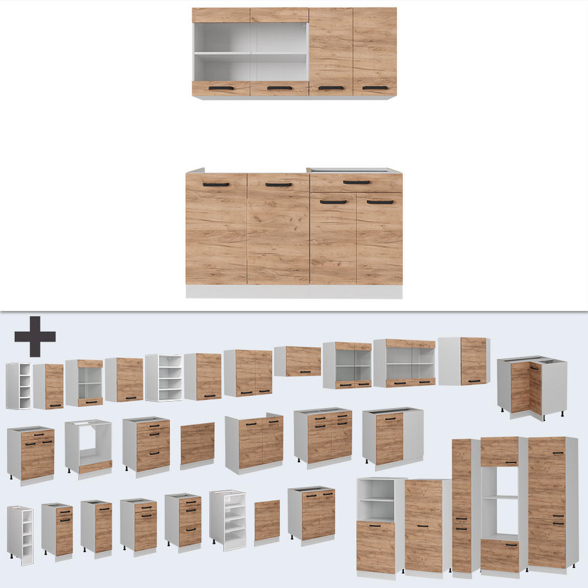 SINGLEKÜCHE R-Line Goldkraft Eiche/Weiß 140 cm ohne Arbeitsplatte - Honigeiche/Eiche Wotan, Holzwerkstoff (140/81.6/46cm) - Vicco