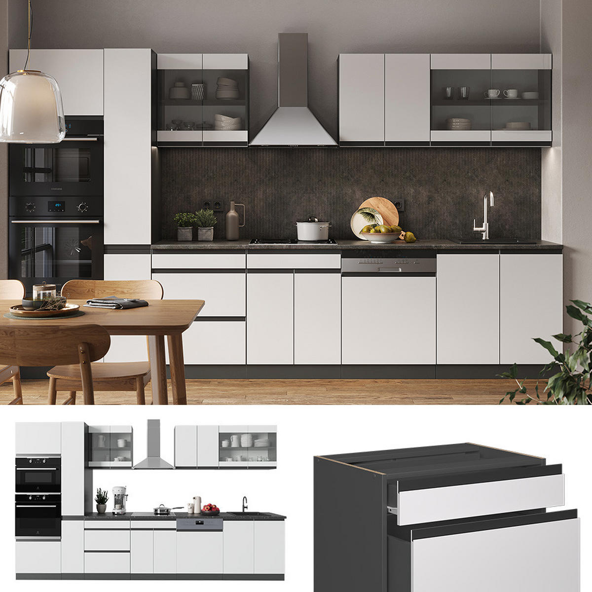 KÜCHENZEILE R-Line Weiß/Anthrazit 350 cm J-Shape mit Hochschrank ohne AP - Anthrazit/Weiß, Holzwerkstoff (350/81.6/46cm) - Vicco