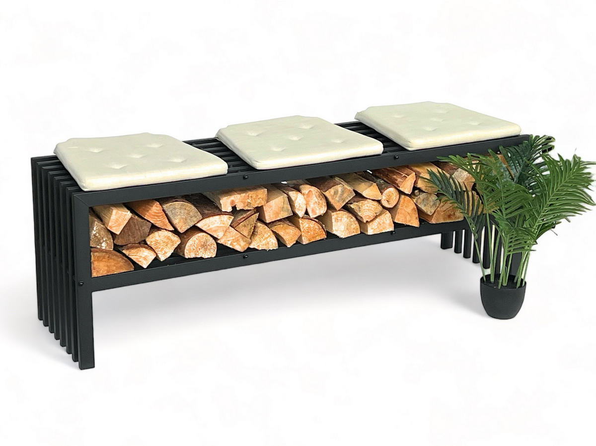 KAMINHOLZREGAL Innen mit Sitzbank Metall Schwarz 150 cm - Schwarz, Metall (150/50/40cm) - DanDiBo